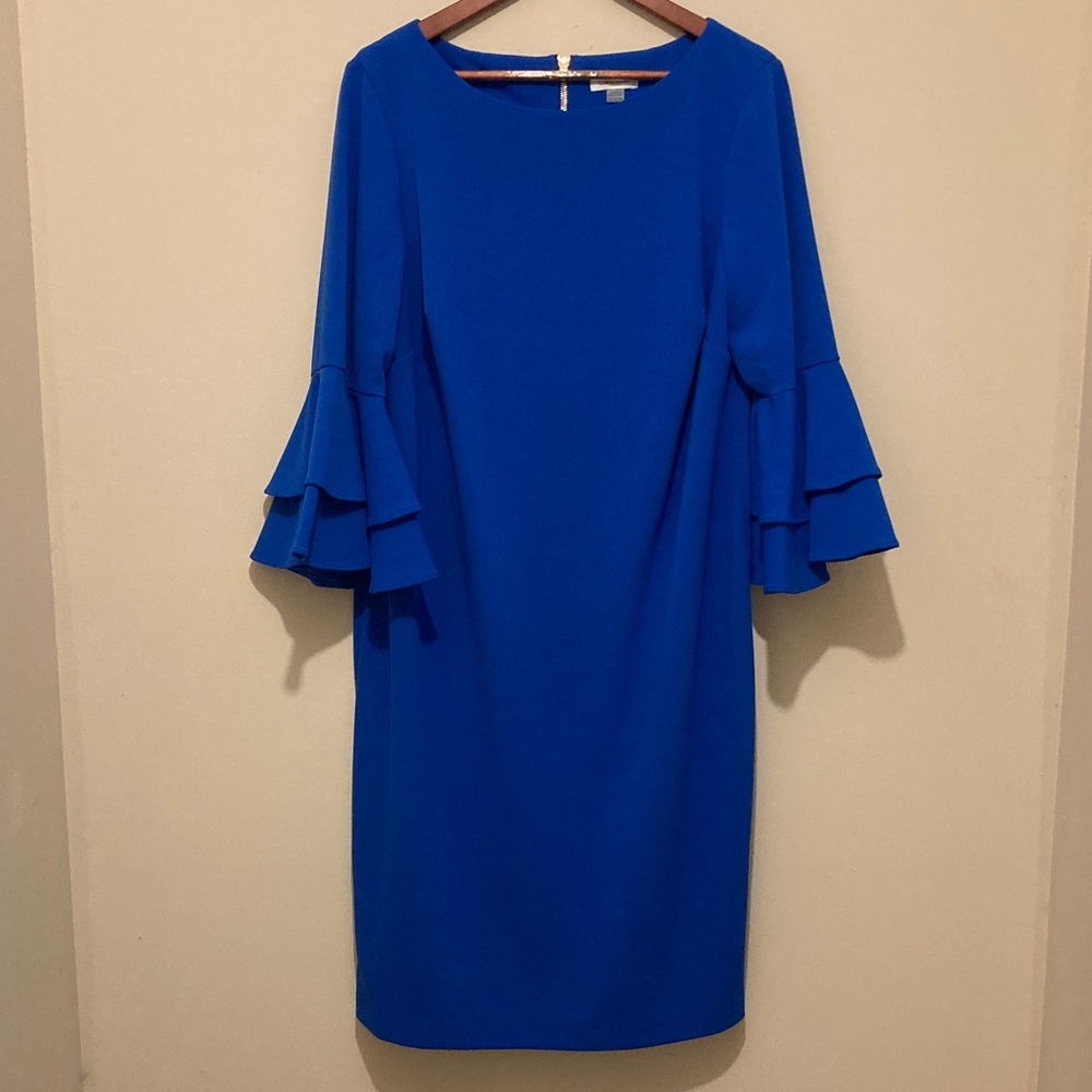 Calvin Klein Royal Blue Long Sleeve Ruffle-Sleeve Dress